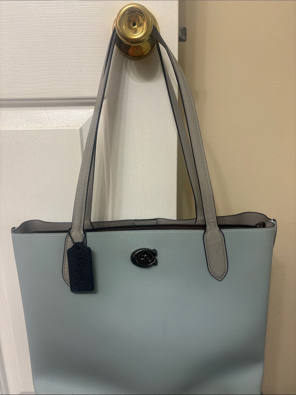 Coach Pebbled Leather Tote in Pale Blue and Light Gray